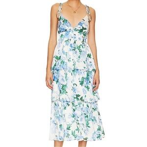 Line and Dot Lisette Midi Dress XS - Blue, Green and White Floral Midi Dress